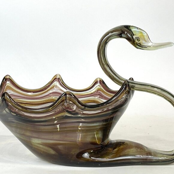 Murano VTG Sonner Swirl of colors Style Hand Blown Art Glass Swan Bowl Dish. - Picture 5 of 9